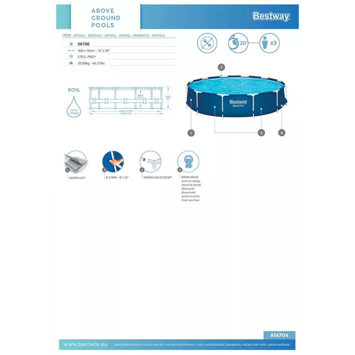 Бассейн каркасный 305x76 см круглый без фильтра-насоса BESTWAY 56706 Бассейн каркасный 305x76 см круглый без фильтра-насоса BESTWAY 56706