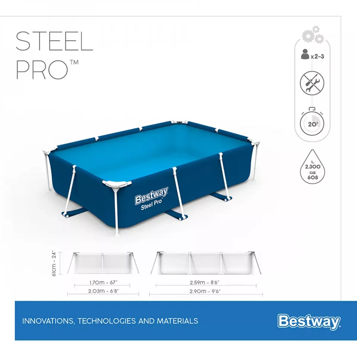 Бассейн каркасный 259x170x61 см без фильтра, прямоугольный, BESTWAY 56403 Бассейн каркасный 259x170x61 см без фильтра, прямоугольный, BESTWAY 56403